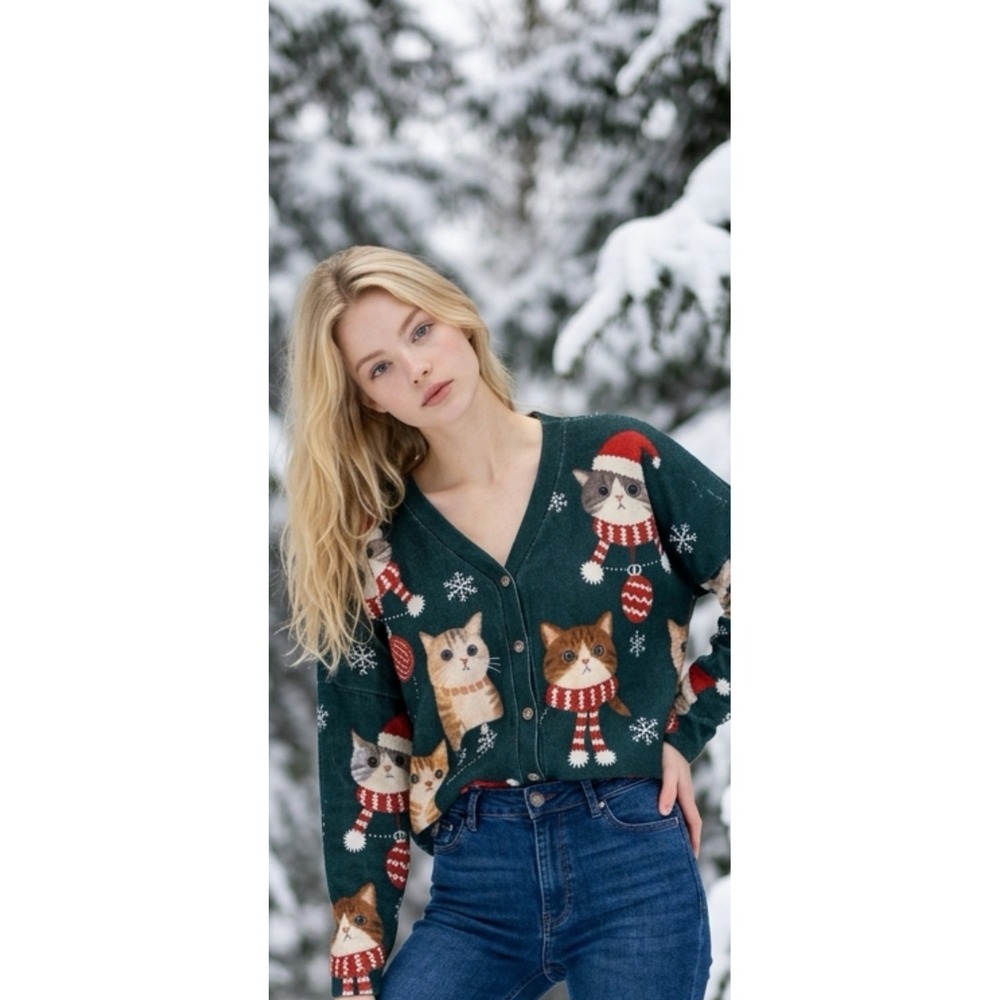 Womens Christmas Cat Cardigan Green Holiday Sweater Santa Hat Kitten Snowflake L